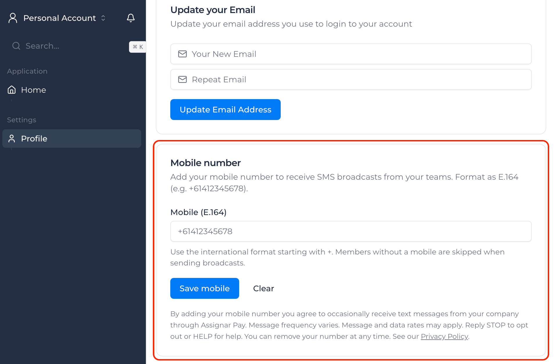 Assignar Pay profile page showing the Mobile number input field and the SMS consent notice beneath it