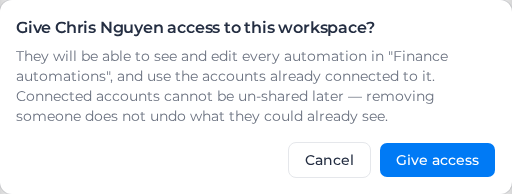 Give Chris Nguyen access to this workspace? confirmation, warning that connected accounts cannot be un-shared later