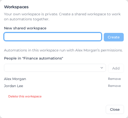 Workspaces dialog for the Finance automations workspace, showing who it runs as, its two members and Delete this workspace
