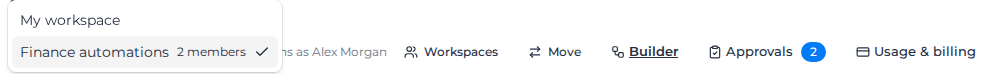 Workspace menu open in the Connect toolbar, listing My workspace and Finance automations with 2 members