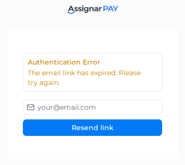 Authentication Error page for an expired email link, with the Resend link form