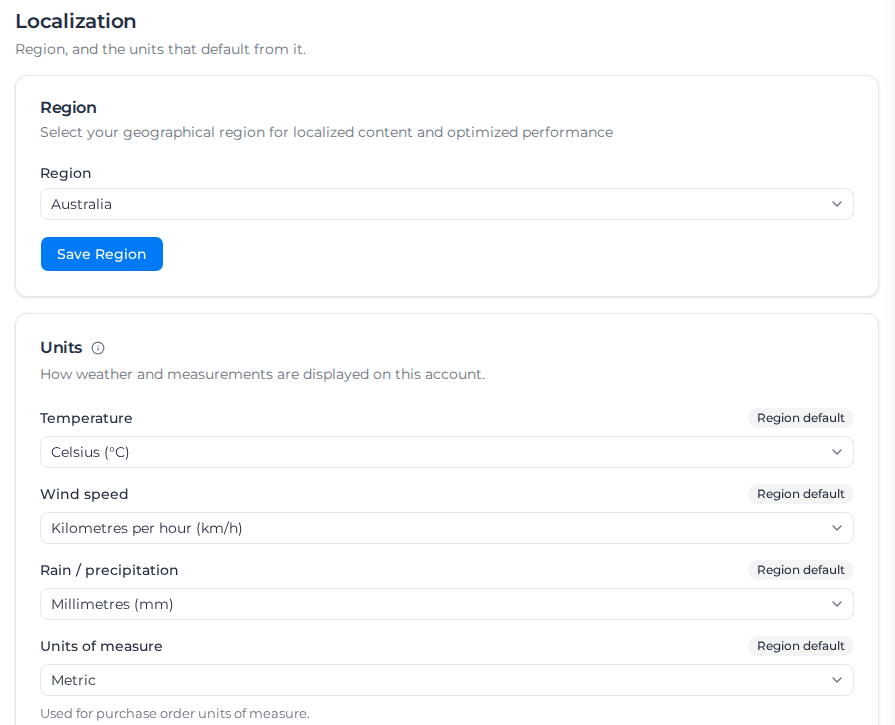Localization section of Settings, showing Region and Units