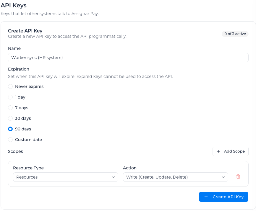 Create API Key card in Settings → API Keys, filled in for a key named Worker sync (HR system) that expires in 90 days with Resources / Write access