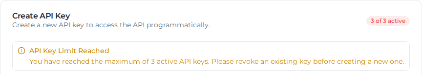 API Key Limit Reached message on the Create API Key card, with the badge showing 3 of 3 active