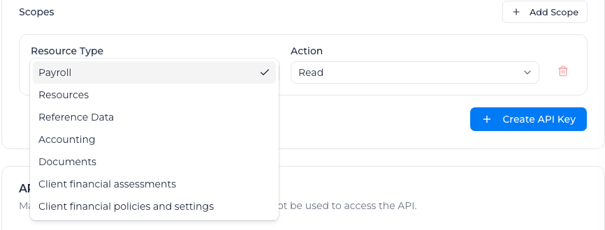 Resource Type list open on a scope row: Payroll, Resources, Reference Data, Accounting, Documents and the two client financial types