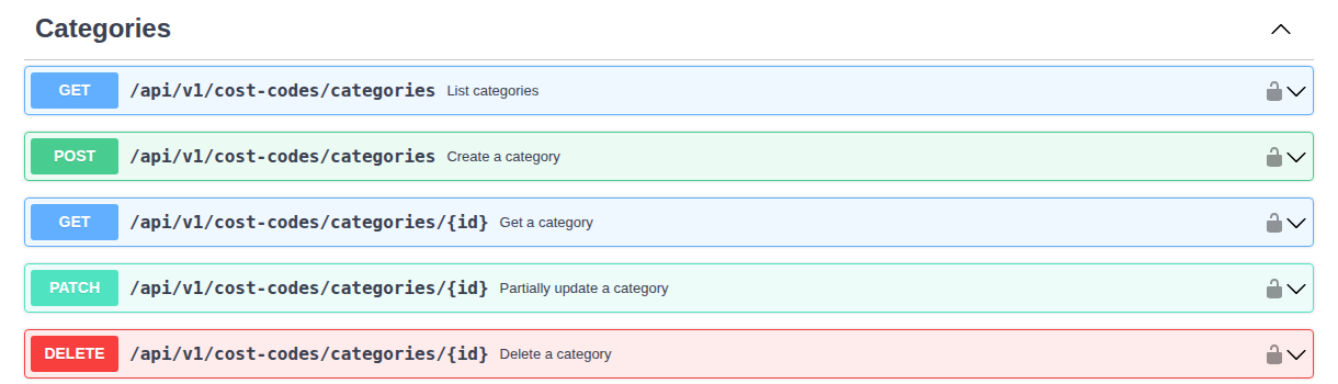 An endpoint group in the API reference: list, create, get, update and delete a cost code category