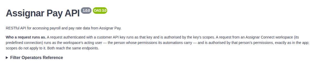 Top of the Assignar Pay API reference, with the filter operators reference below the introduction