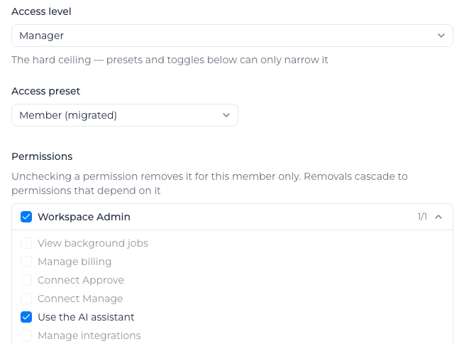 A member's access panel, showing the Access preset list above their permissions