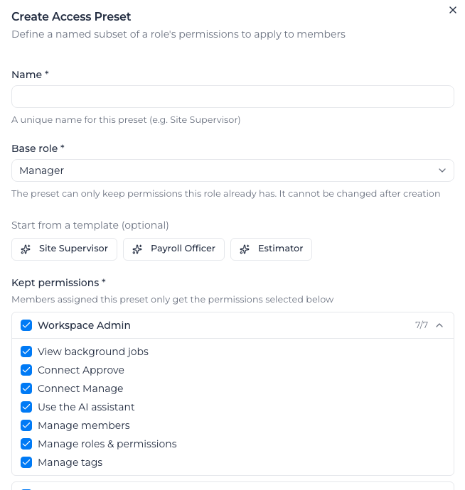The Create Access Preset panel, with Name, Base role, the three templates, and the Kept permissions list
