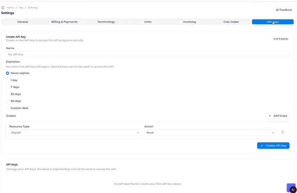 Create API Key form