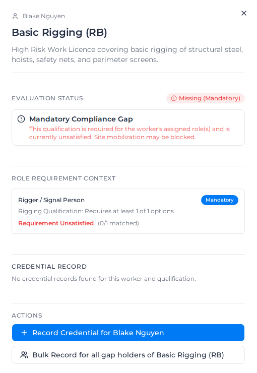 Details for one cell of the matrix: a worker missing a mandatory rigging ticket, with the role that needs it and the actions to record it