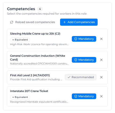 Competencies section of Edit Role, with three mandatory and one recommended competency