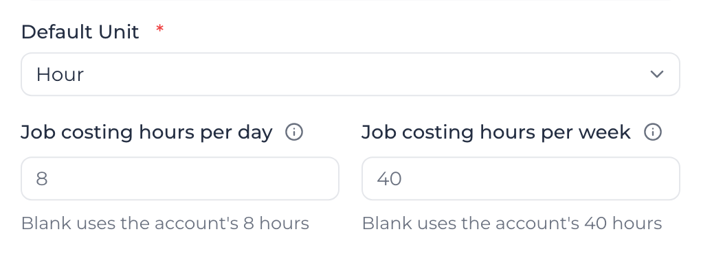 Default Unit set to Hour, with Job costing hours per day and Job costing hours per week below it