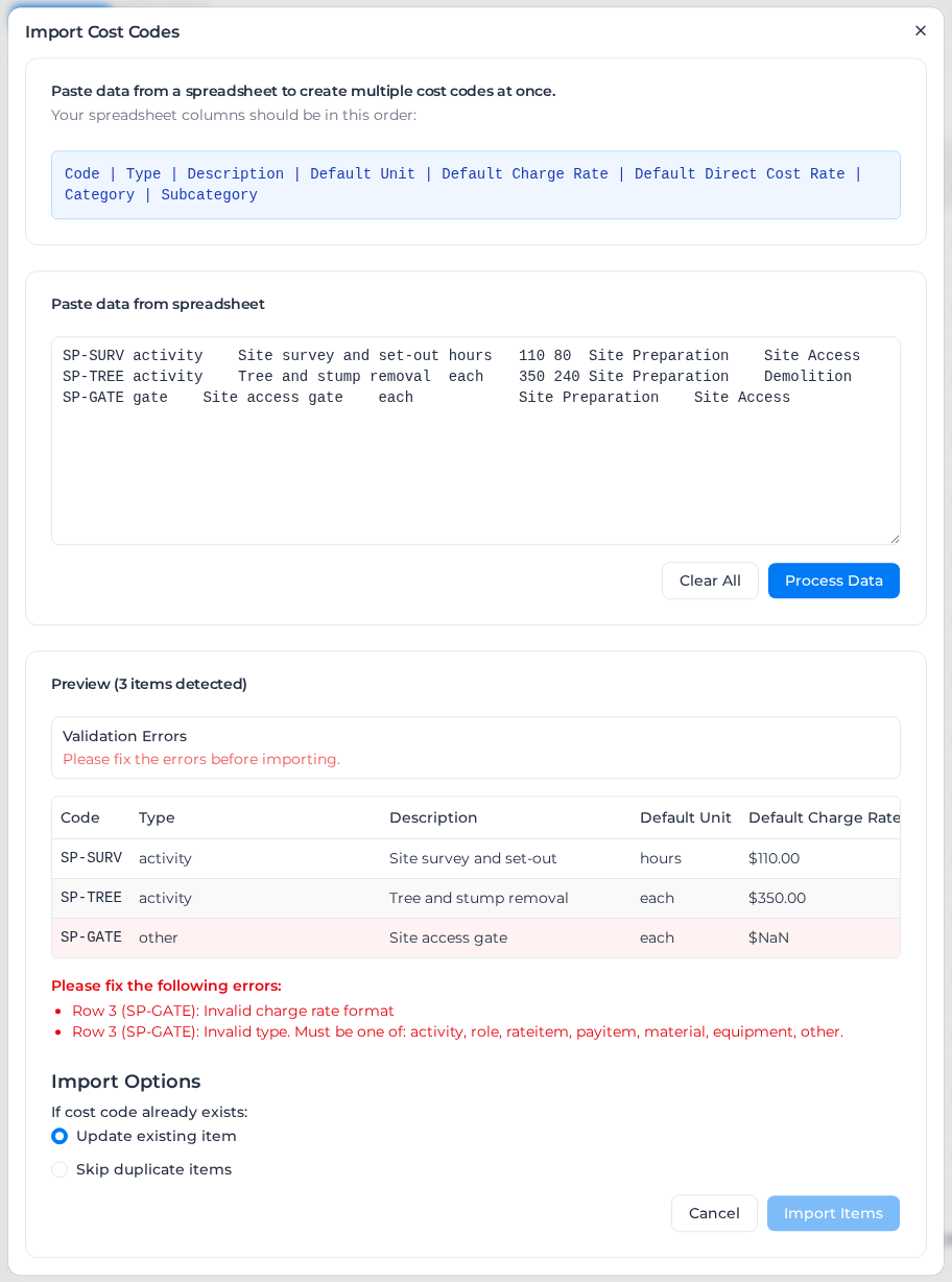 Import Cost Codes dialog showing a preview with two valid rows and one row with errors