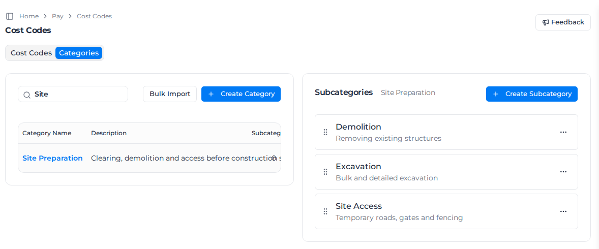 Categories tab with the Site Preparation category selected and its three subcategories on the right