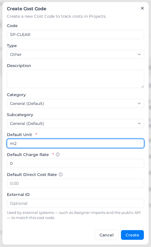 Create Cost Code dialog with a code and default unit entered