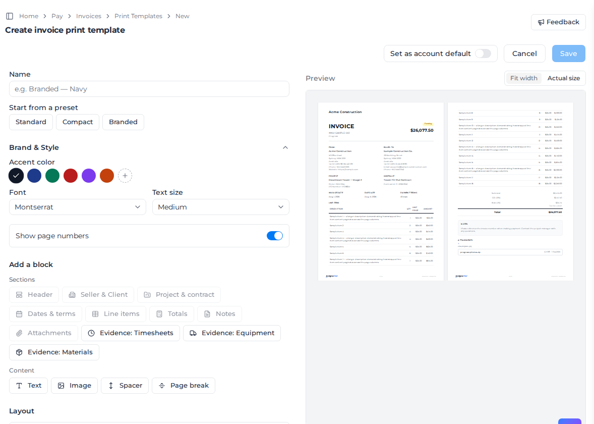 Create invoice print template screen, with the preview on the right