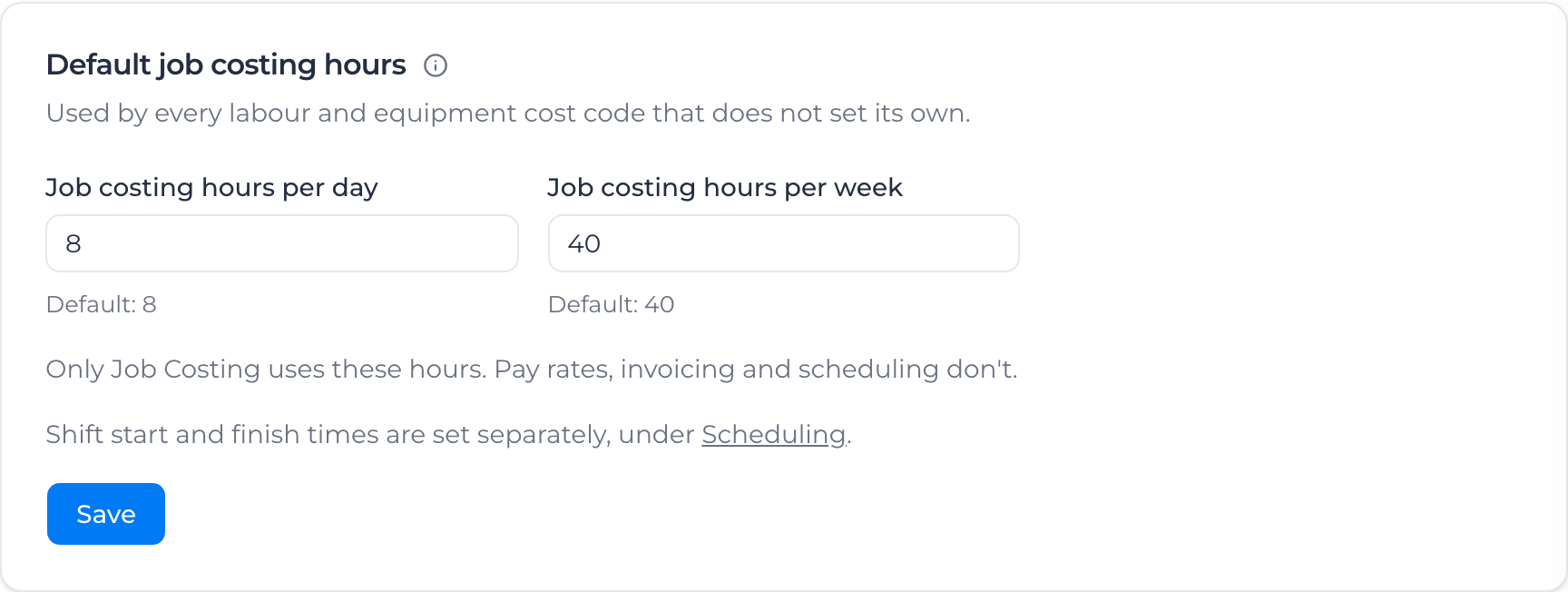 Default job costing hours card, with Job costing hours per day and Job costing hours per week