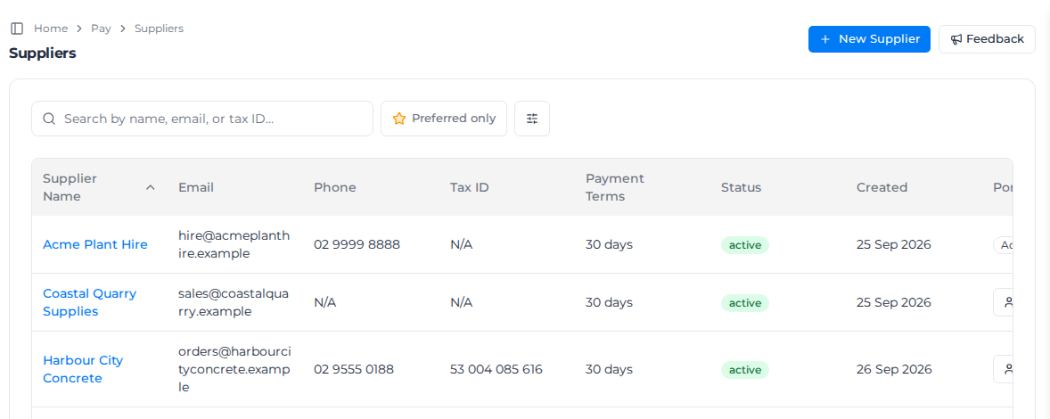 Suppliers list, opened from Procurement → Suppliers