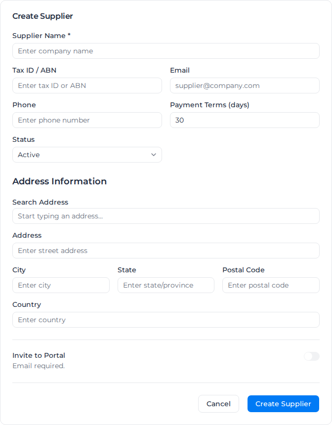 New Supplier form