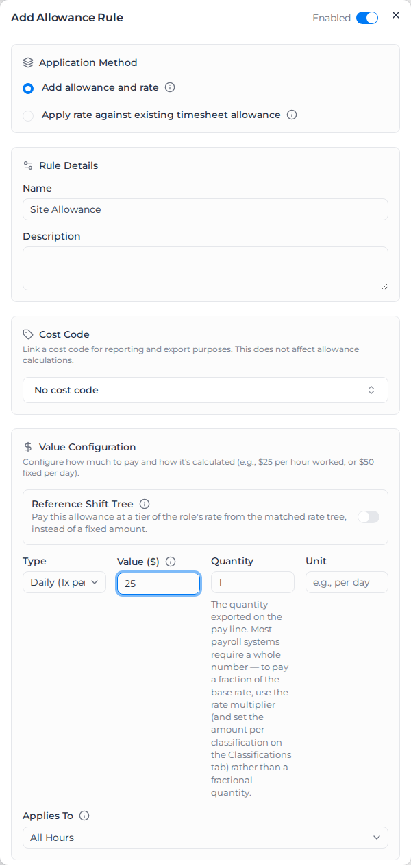 Add Allowance Rule dialog for a $25 daily site allowance