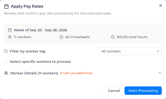 Apply Pay Rates dialog for one week, with 11 workers and 45 timesheets