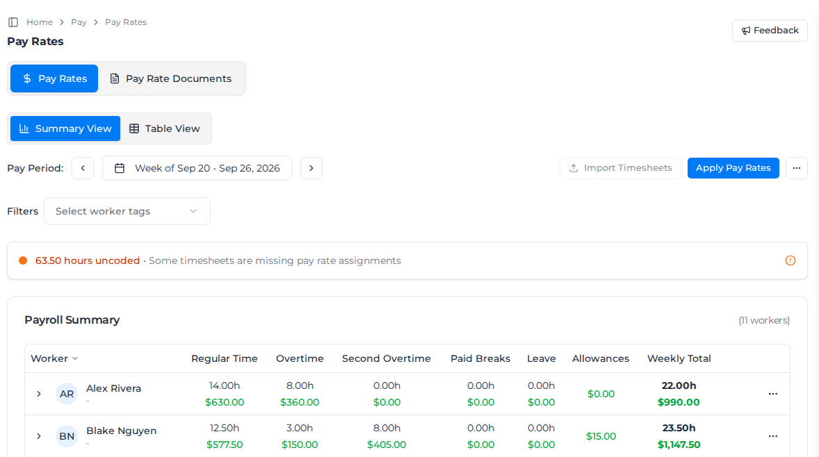 Summary View of the Pay Rates tab for one week, with each worker's hours and pay by rate type