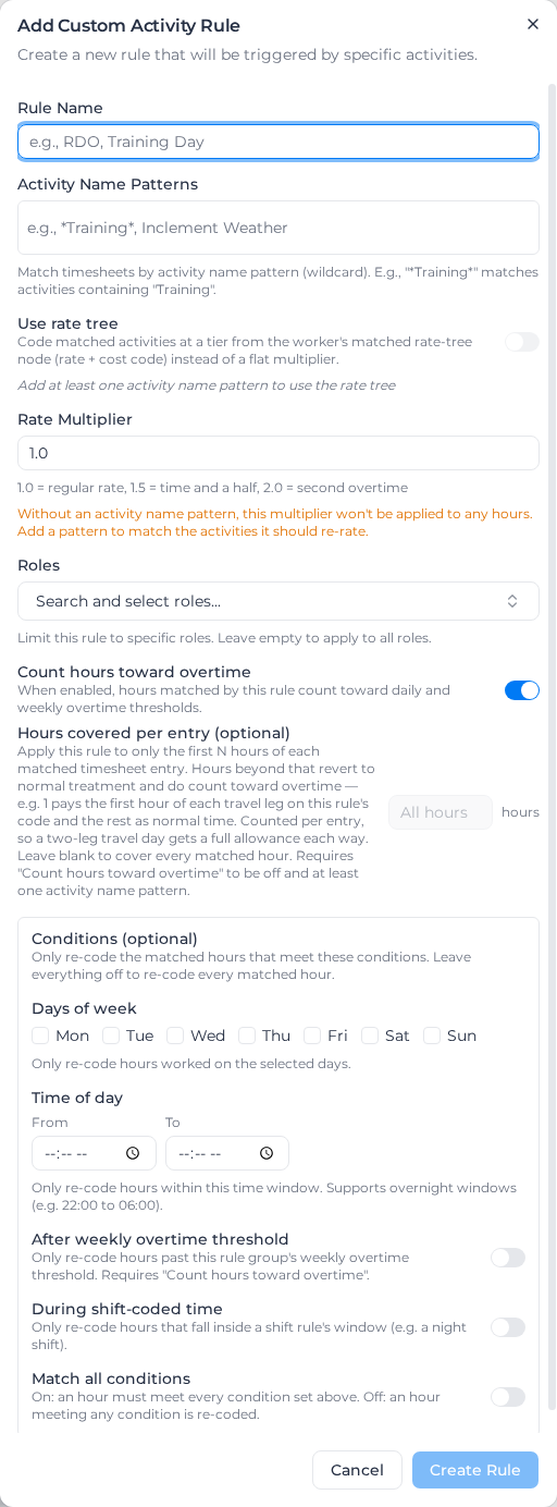 Add Custom Activity Rule dialog