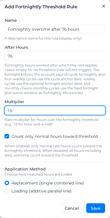 Add Fortnightly Threshold Rule dialog filled in for overtime after 76 hours