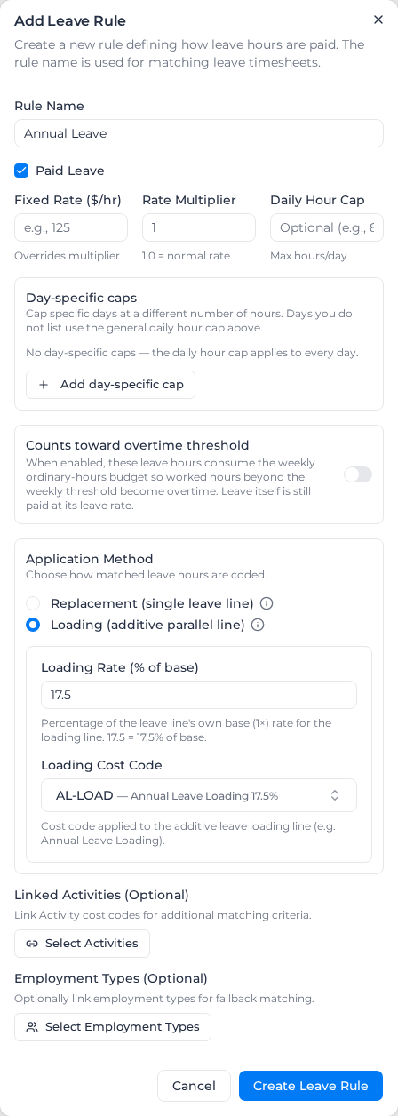 Add Leave Rule dialog with the Loading method, a 17.5% loading rate and an annual leave loading cost code