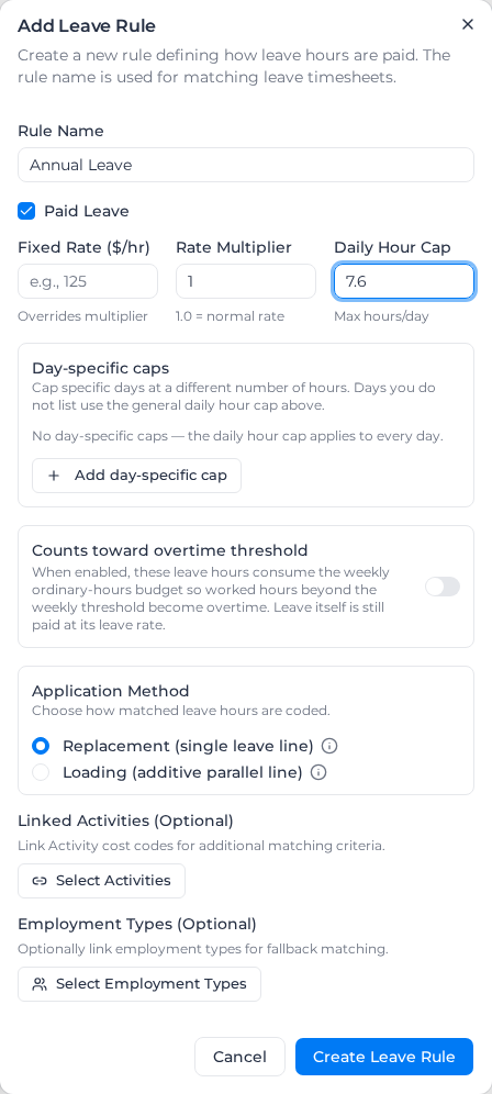 Add Leave Rule dialog for annual leave at the normal rate, capped at 7.6 hours a day