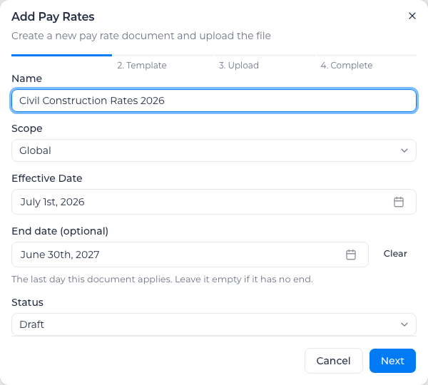 Add Pay Rates dialog on the Details step