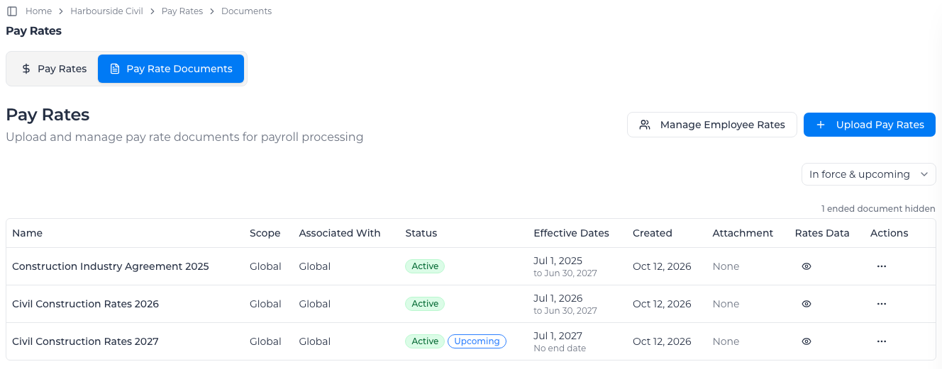 Pay Rate Documents tab, opened from Payroll → Pay Rates