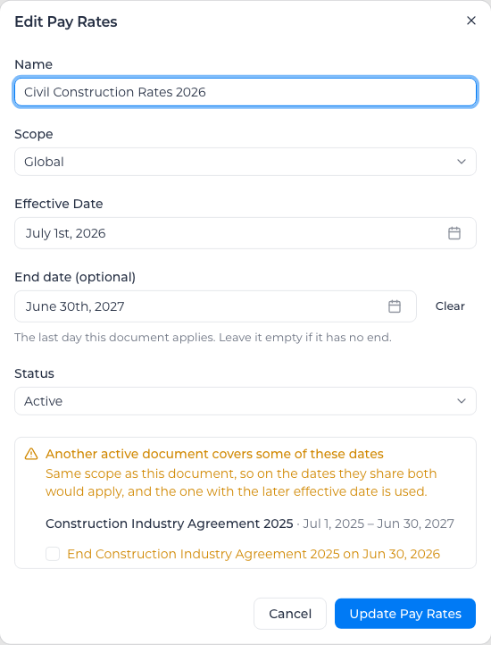 Edit Pay Rates dialog showing an overlapping document and the option to end it before the new rates start