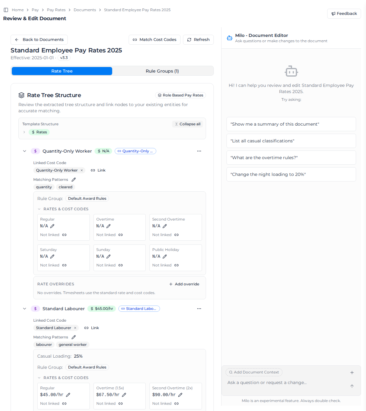 Rate Tree tab of Review & Edit Document, with two classifications expanded