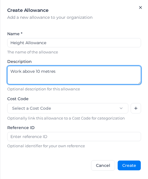 Create Allowance panel with a height allowance entered