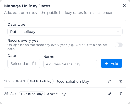 Manage Holiday Dates dialog, with one recurring and one one-off public holiday