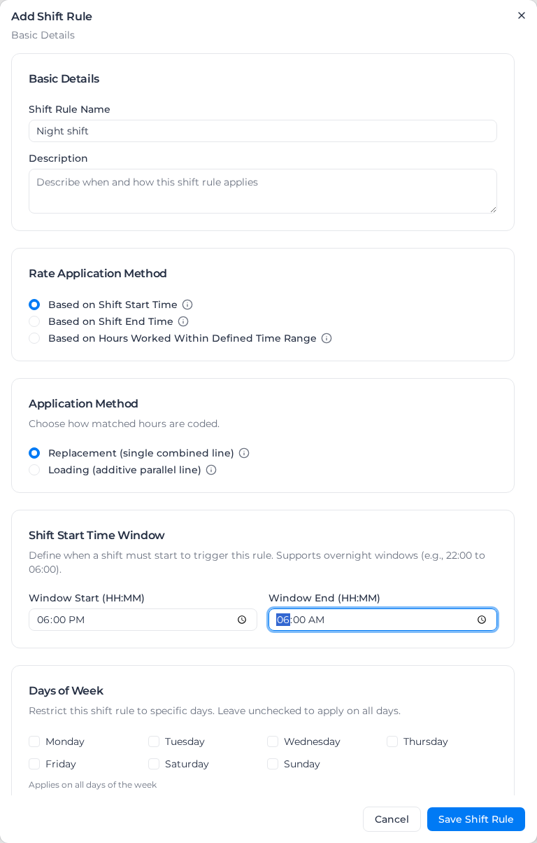 Add Shift Rule dialog for a night shift starting between 6 pm and 6 am