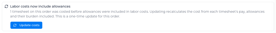 Labor costs now include allowances, with the Update costs button