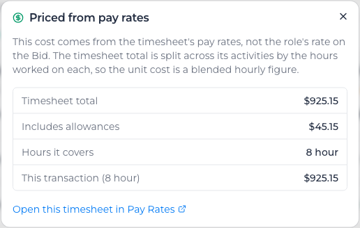 Priced from pay rates, with the timesheet total and the allowances it includes