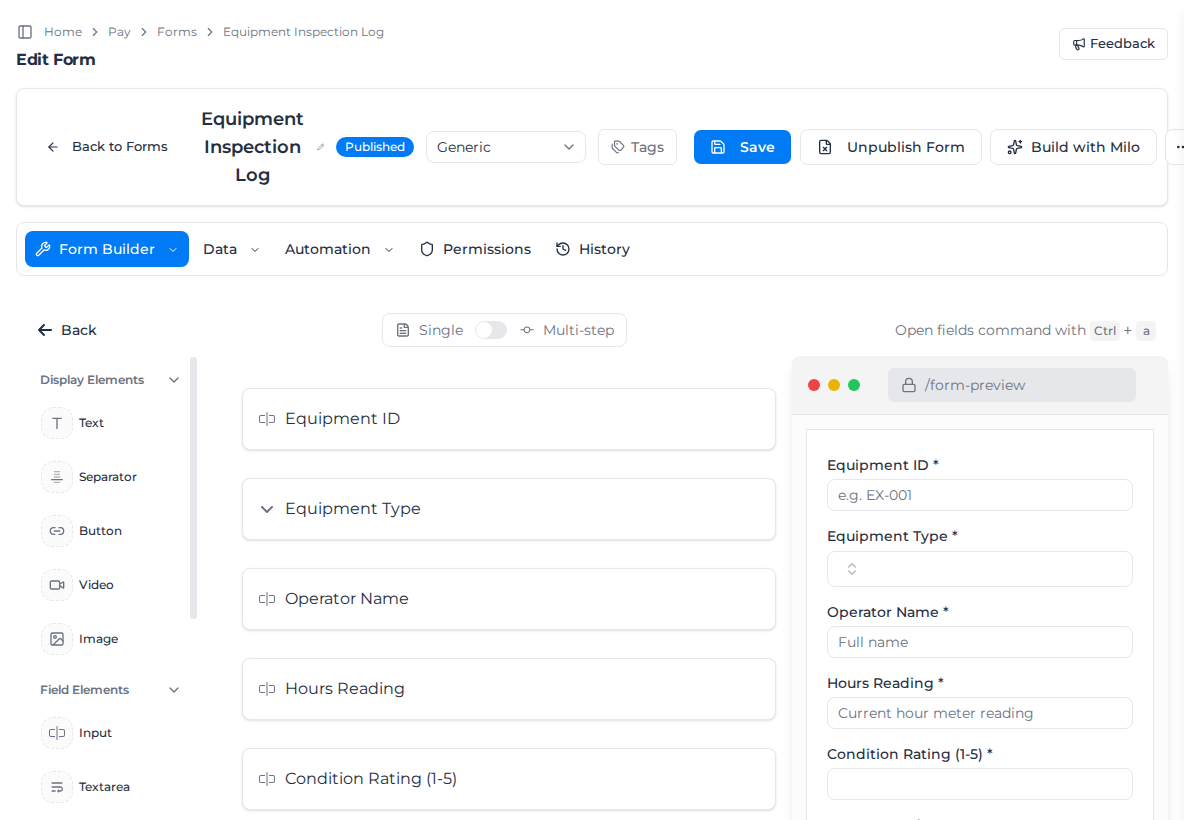 Form builder for an Equipment Inspection Log, with the field list on the left, the form in the middle and the live preview on the right