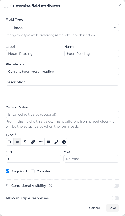 Customize field attributes dialog for an Input field