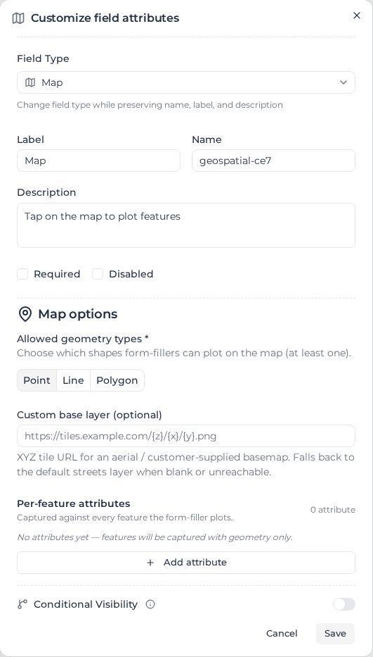 Map field settings with the allowed geometry types and per-feature attributes