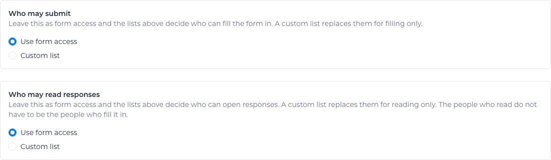 Form Access Permissions for a form, opened from the form's Permissions tab