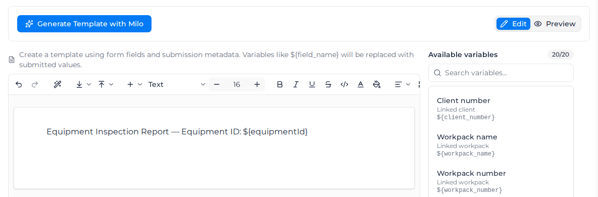 Customize Print Formatting with the in-app editor and the Available variables list