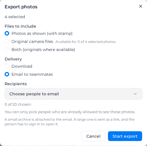 Export photos dialog with Email to teammates selected and the Recipients picker