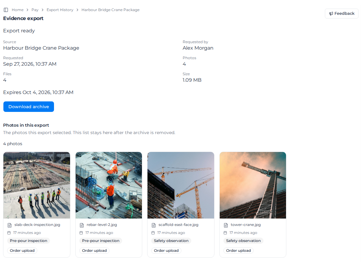 Evidence export page for a ready export, with Download archive and the photos in the export