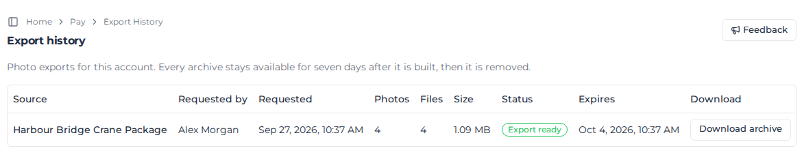 Export history list with one ready export
