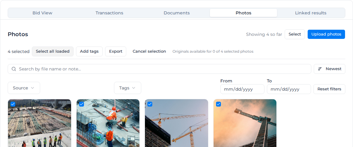 Selection toolbar on an order's Photos tab with four photos selected