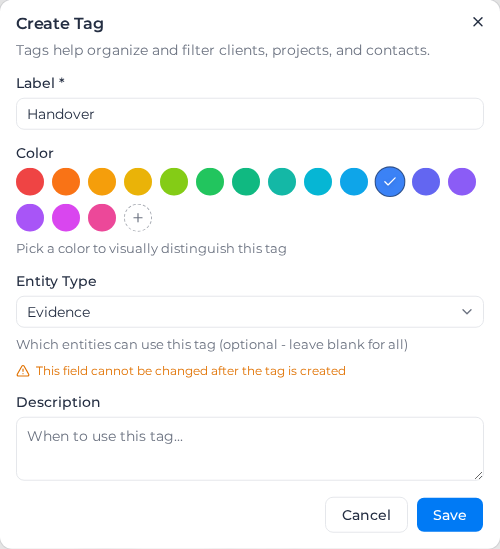 Create Tag dialog with Entity Type set to Evidence